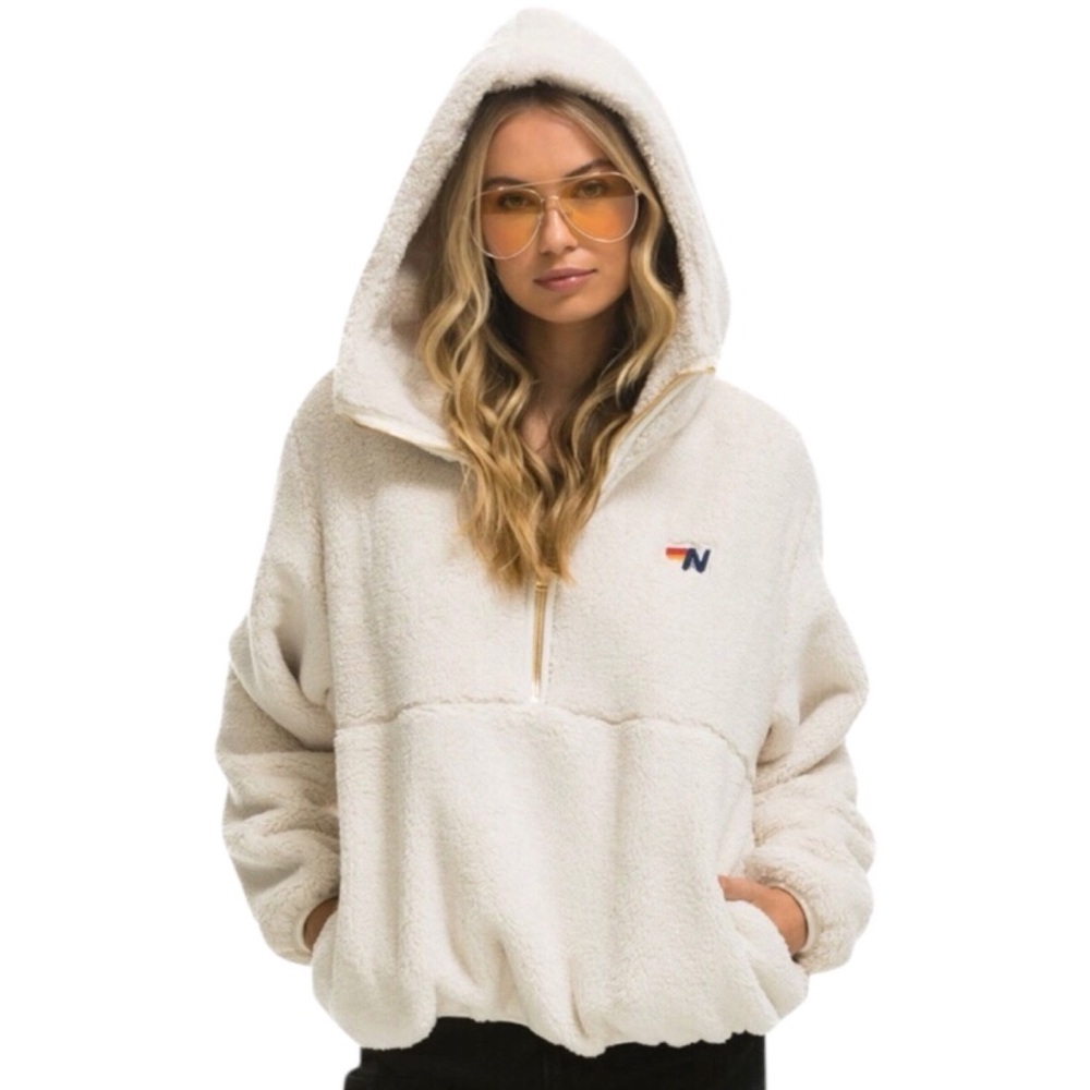 Aviator Nation Teddy Unisex Hooded Half Zip Jacket Vintage White S